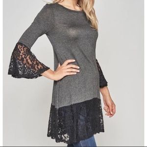 Charcoal Gray Tunic With Lace Bell Quarter Sleeves